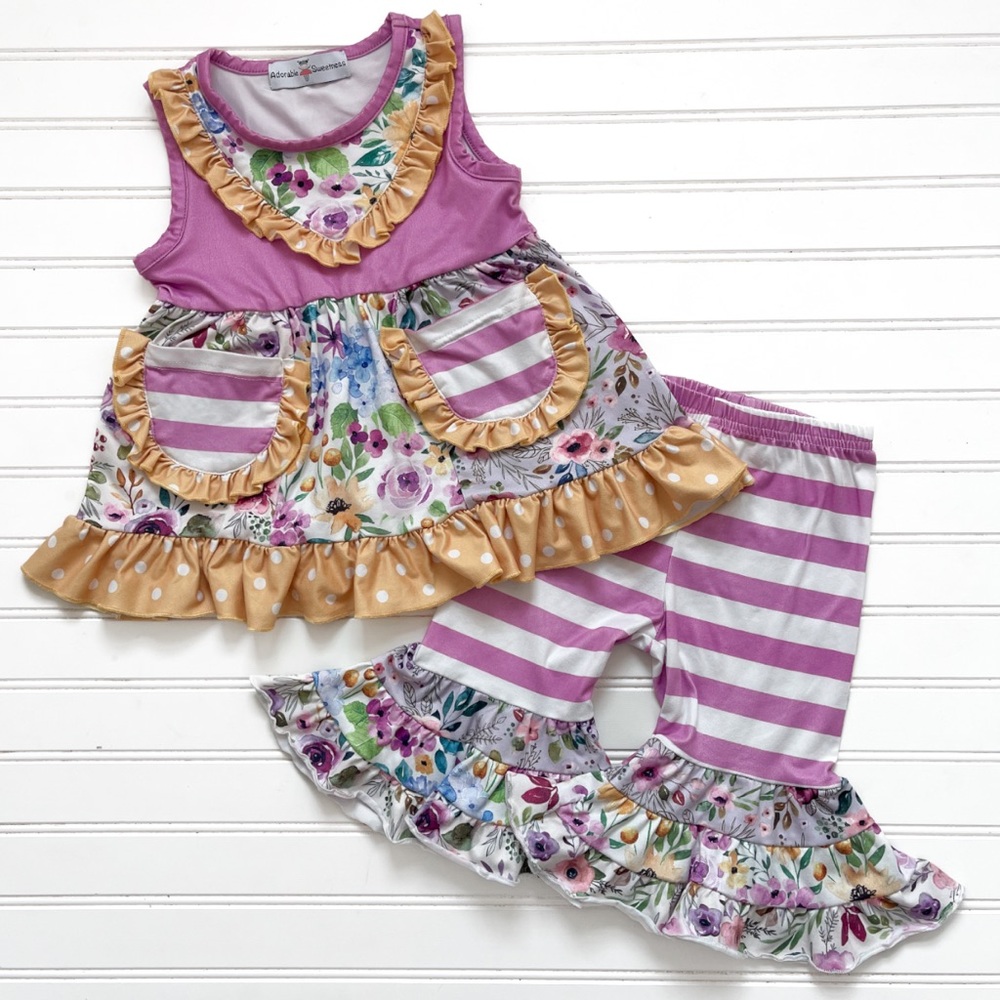 EUC Cottagecore Floral Ruffle Super Soft Tunic Capris Set